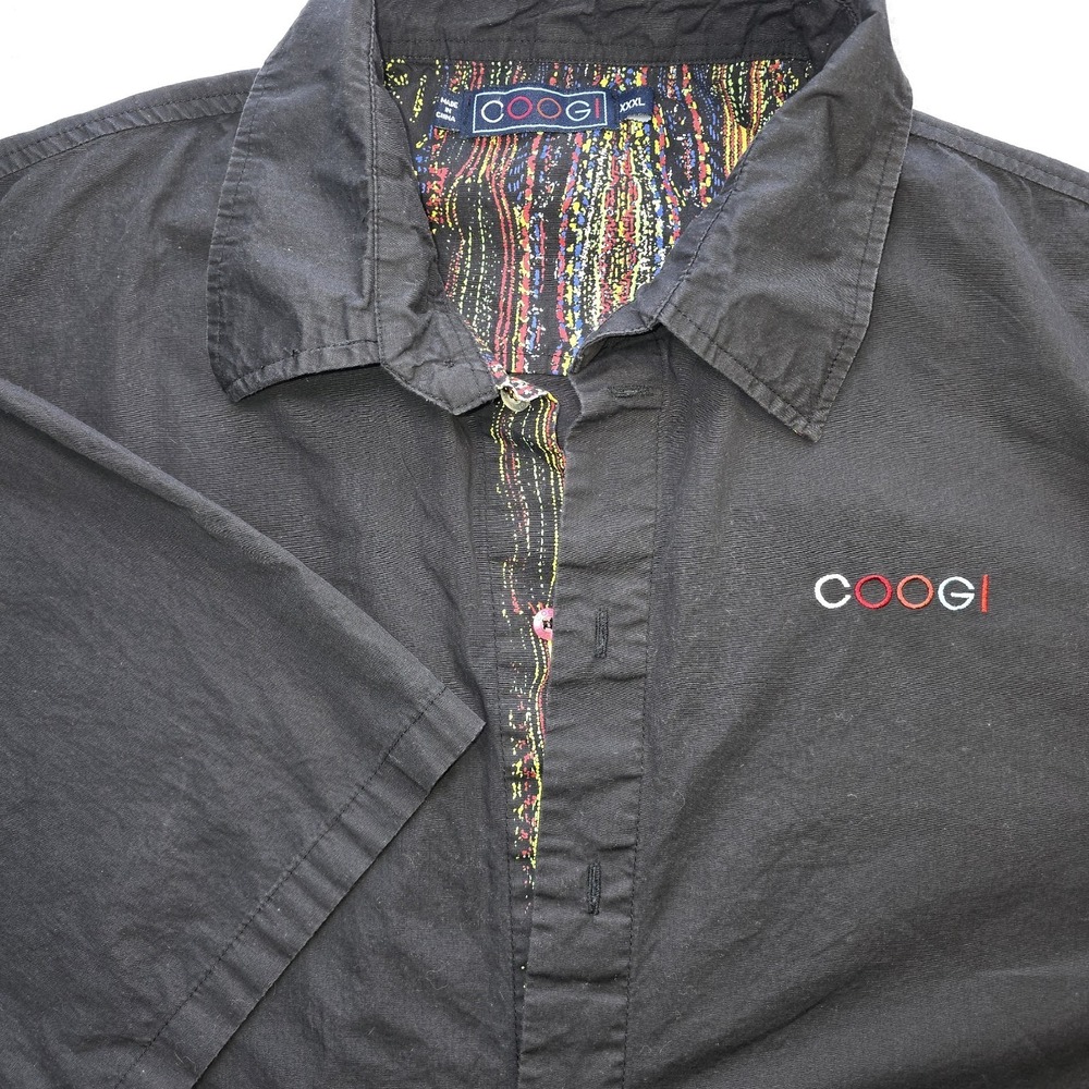 Vtg COOGI Button Up Shirt Men's XXXL‎ Black Neon Rainbow Knit Detail Rare Big...